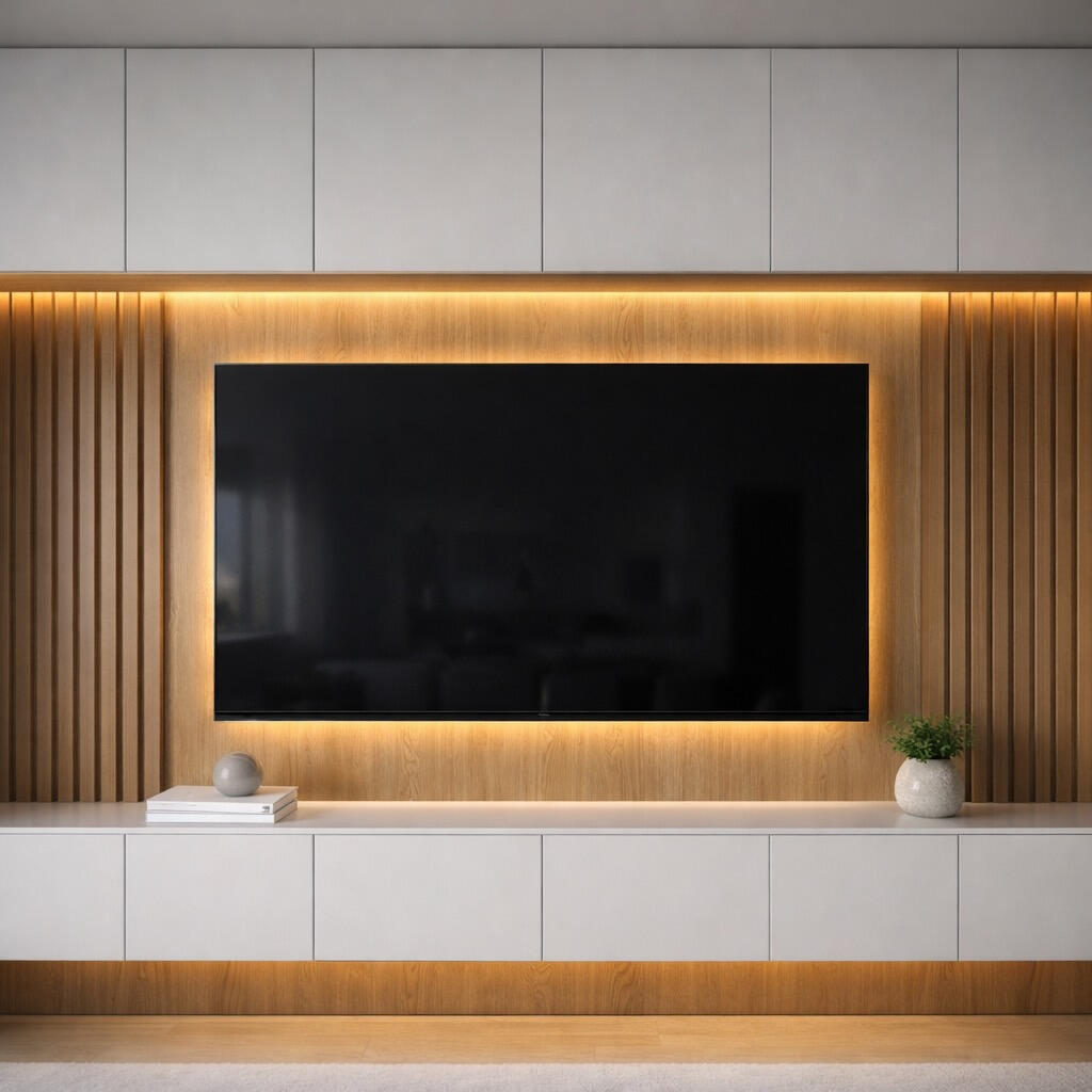 Custom TV media wall with wood slat panels, white cabinetry and warm LED backlighting creating floating effect