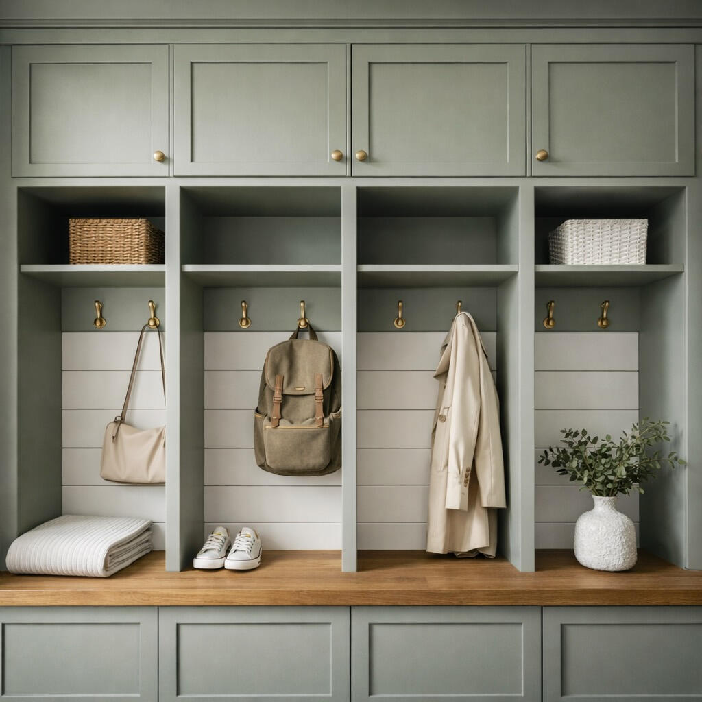 Custom mudroom entry unit with sage green cabinets, oak bench, cubbies and brass hooks