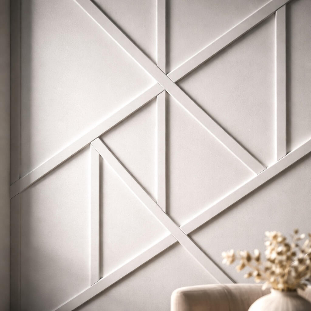 Close-up of white geometric accent wall with 3D trim pattern and precise carpentry joints
